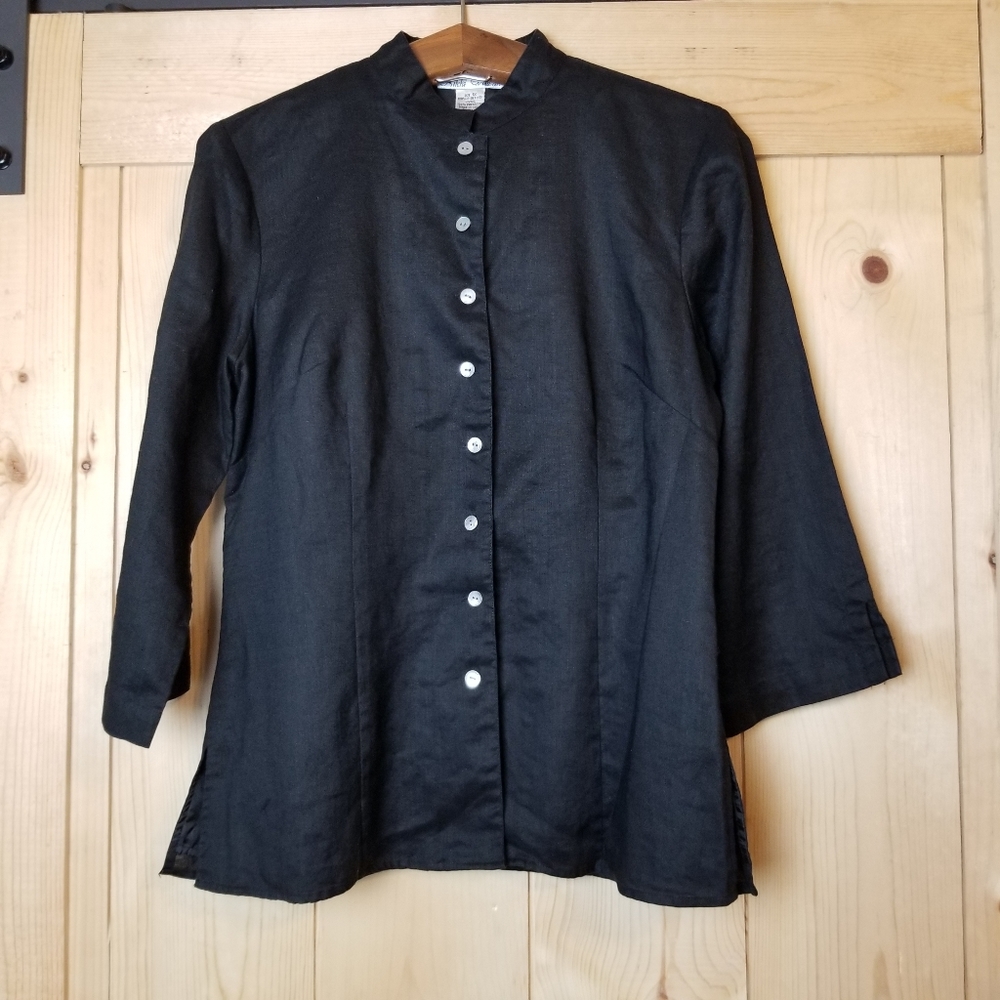Nikki Valenti Irish Linen Button Front Lagenlook Mandarin Collar Tunic Shirt